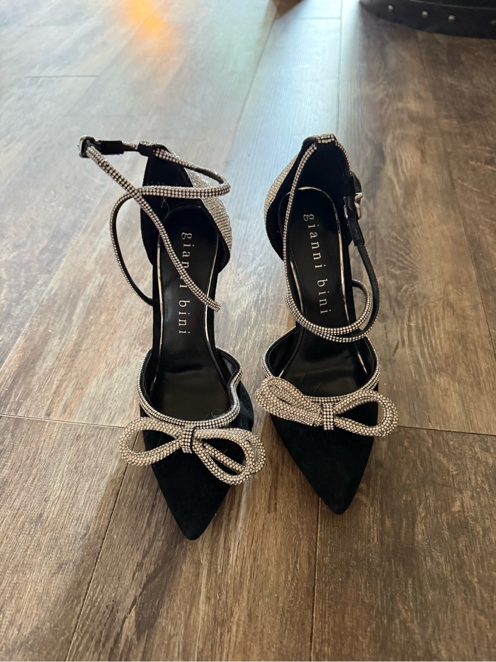 Gianni Bini Black Pointed-Toe Heels with Rhinestone Bow and Ankle Straps